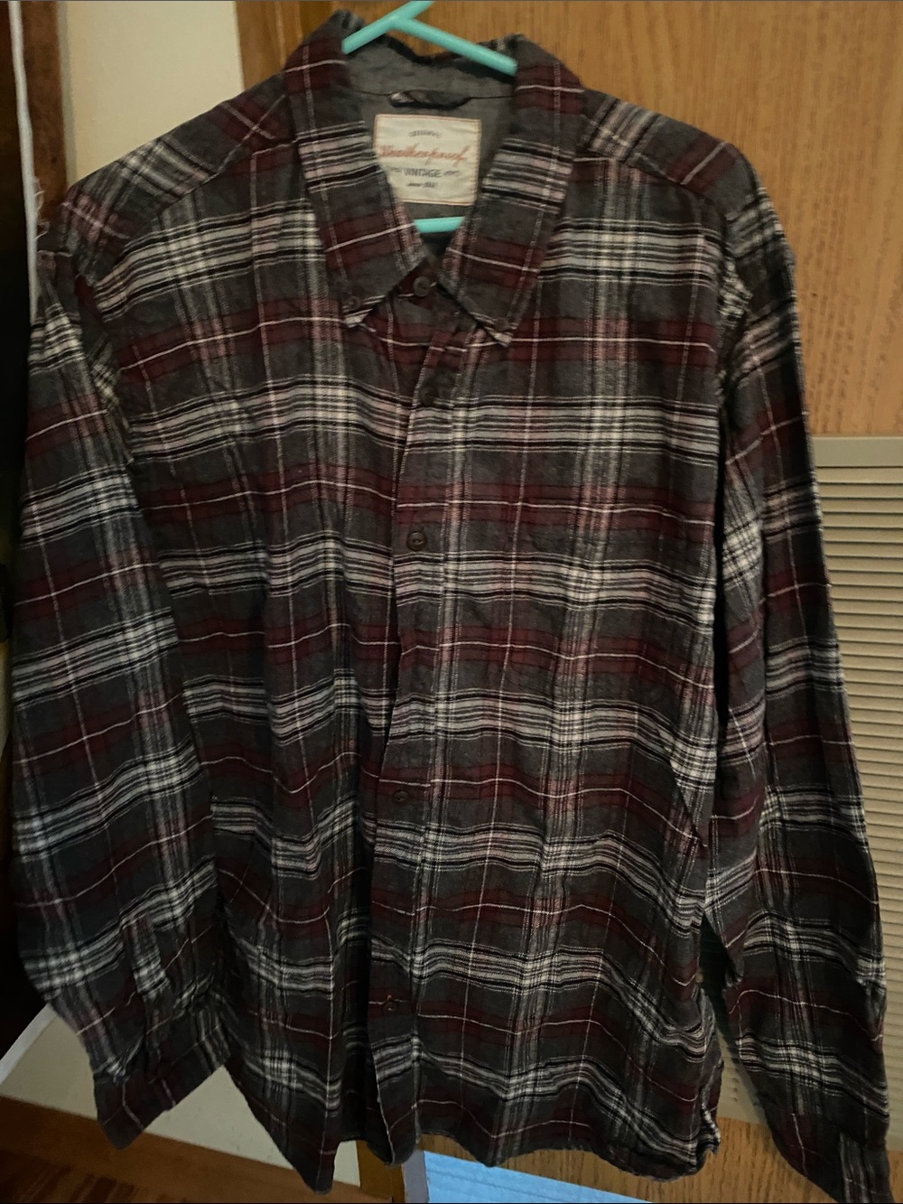 Weatherproof Men's Plaid Button-Down Shirt in Burgundy, Gray and White-Large
